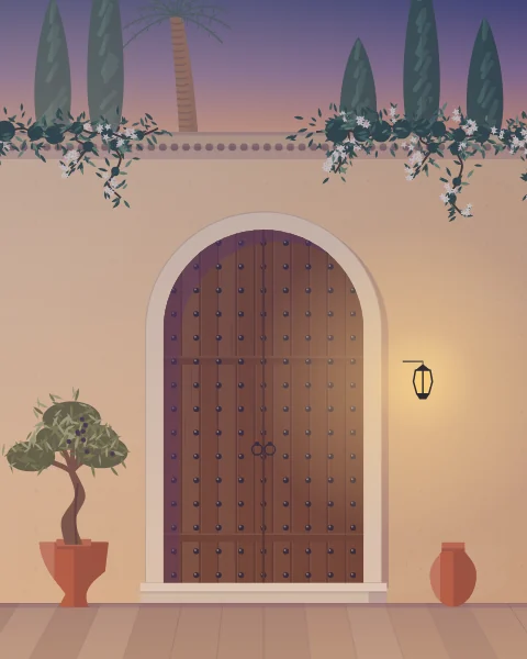 A studded garden gate in a high wall at dusk, a lantern glowing beside it and the dark tops of cypresses rising beyond the coping.