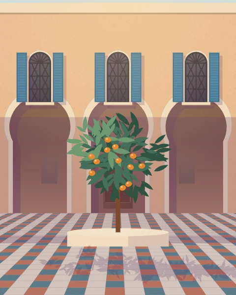 A riad courtyard with an orange tree in a raised bed at its centre, a tiled floor and an arcade of horseshoe arches in warm plaster.