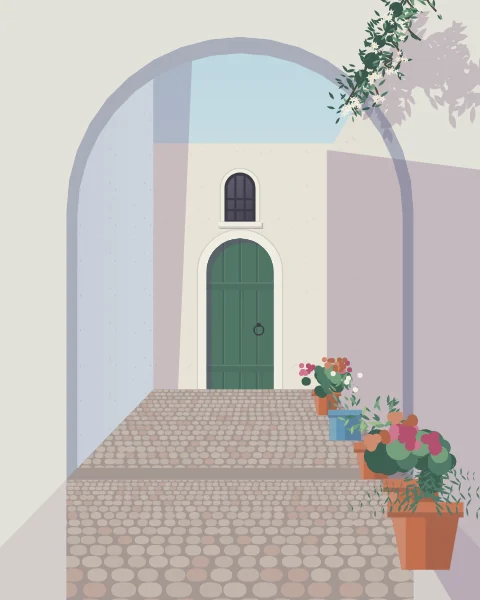 A level cobbled lane in early light, passing under a whitewashed arch to a green door, with pots along the walls and jasmine over the parapet.