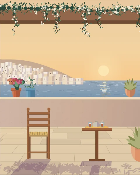 A terrace above a harbour town of white houses, a chair and a table set with tea, jasmine overhead and the sea going gold under a low sun.