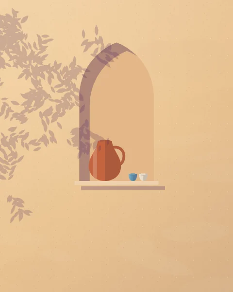 A shallow arched niche in a warm plaster wall holding a clay jug and two cups, with leaf shadow falling across it.