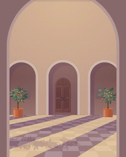 Bands of low sun falling between columns across a checked marble floor, with a quiet arcade and a carved door at the far side.