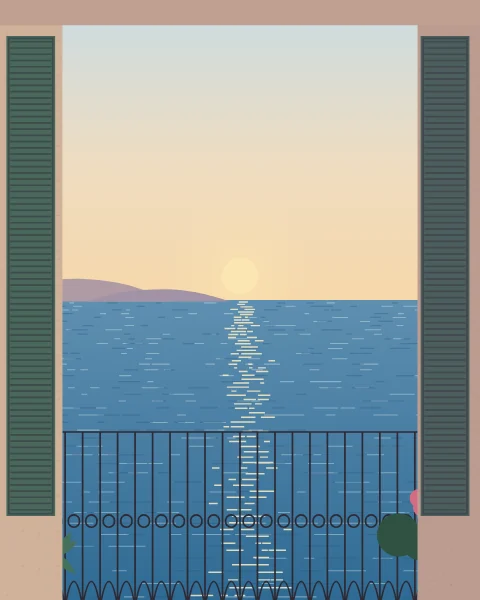 Tall green shutters folded open on a narrow balcony with an iron rail, looking straight out to the sea and a far headland at sunset.