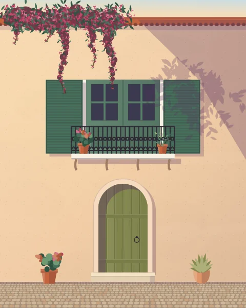 An upper balcony of a warm plaster house with green shutters open, an iron rail and geraniums, and bougainvillea spilling from the eaves.