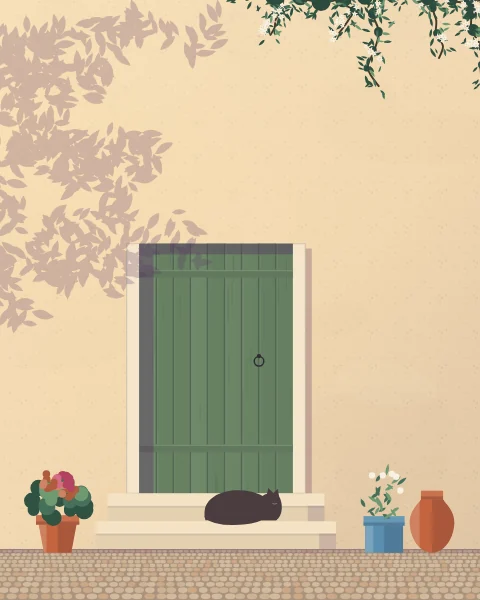 A cat asleep on a warm stone step before a faded green door, with a pot of herbs, a jar and the shade of a vine across the wall.