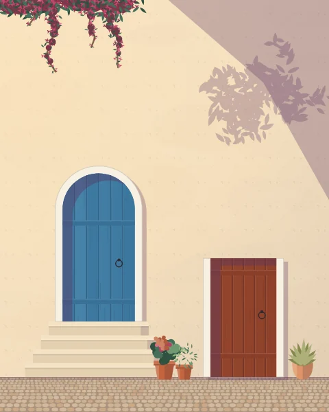 Two neighbouring doors at different heights, one blue up a short flight of steps and one rust-red at street level, sharing a wall of warm limewash and a run of pots.