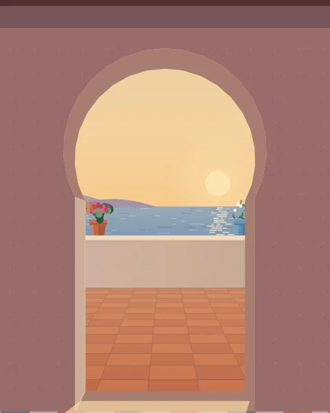 Through a deep horseshoe arch in a shaded wall, a bright view of the sea and a far headland, with a patch of sun on the tiled floor.