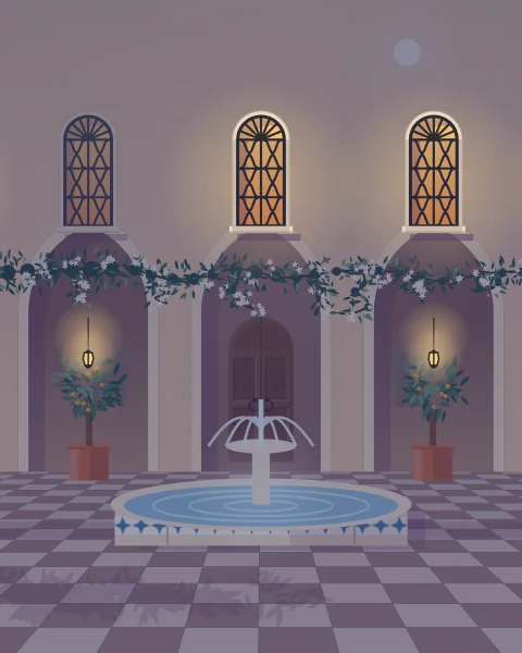 A courtyard at night under a high moon, the fountain quiet, lamplit windows in the gallery and orange trees in pots along the arcade.