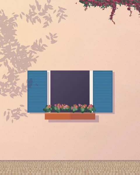 A square shuttered window in a rose-washed wall with a long box of red geraniums on the sill and the trailing shadow of a vine.