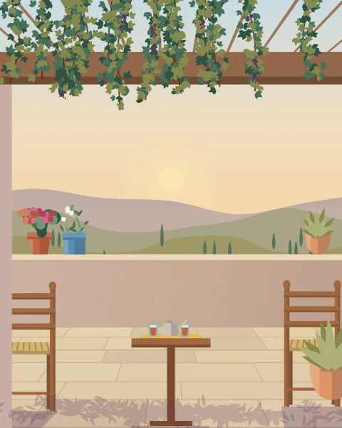 A table set for tea under a grapevine pergola, its leaf shade scattered over the flagstones, with hills and cypresses beyond a low parapet.