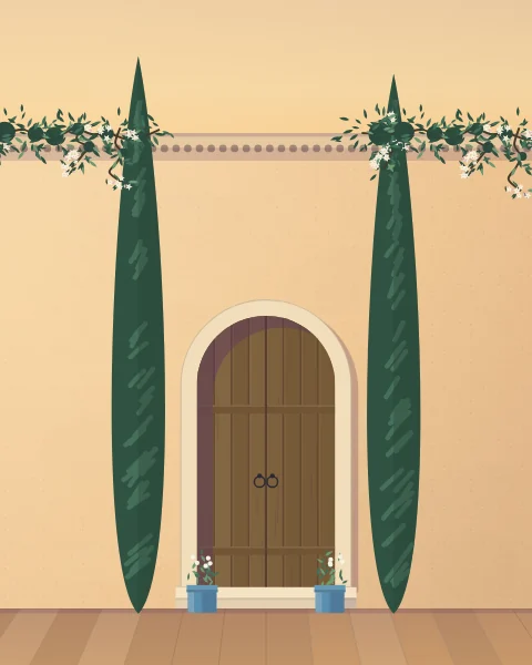 A pale arched gateway between two tall cypresses, a path of flagstones leading in and the warm wall glowing in the last sun.
