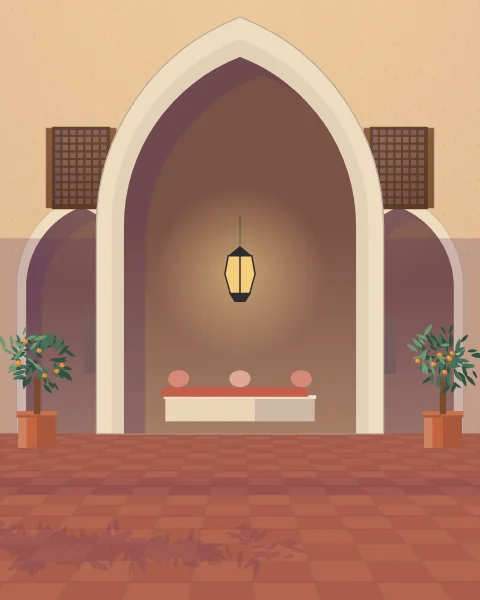 A tall vaulted arch opening onto a courtyard, cushions along its back wall and a lantern hanging in the shade, with tiled floor and potted orange trees.