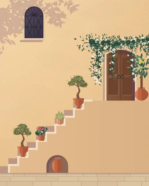 A stone stair against a sandstone house in the last light, climbing past olives and geraniums in pots to a panelled upper door under jasmine.