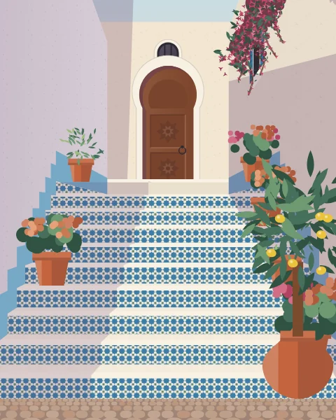 A whitewashed lane climbing a flight of steps with blue and white tiled risers, pots of geraniums and basil on the treads and a carved door at the top.