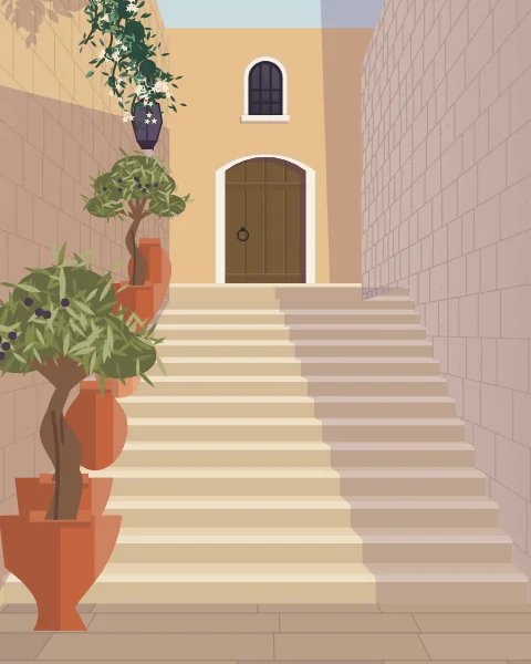 A long flight of stone steps between sandstone walls, olive trees and jars set along the way, rising to a weathered door in the evening sun.