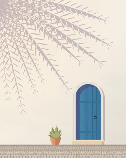 The shadow of a palm frond spread across a white wall beside a small blue door, with a single potted agave on the cobbles.