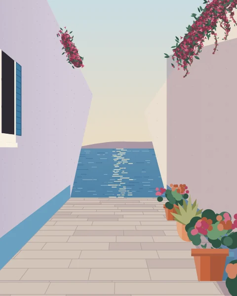 A level whitewashed lane with a blue-washed skirting and pots of geraniums, running straight to the evening sea and a headland beyond.
