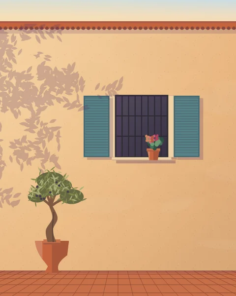 A small barred window with half-closed shutters set high in a warm ochre wall, a pot of geraniums on its sill and a young olive in a pot below.