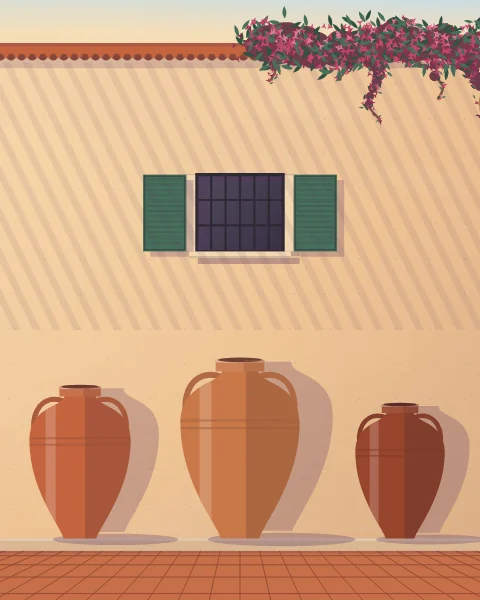 A row of tall clay storage jars along a terracotta wall under a reed shade, with bars of sun and shadow falling across them.