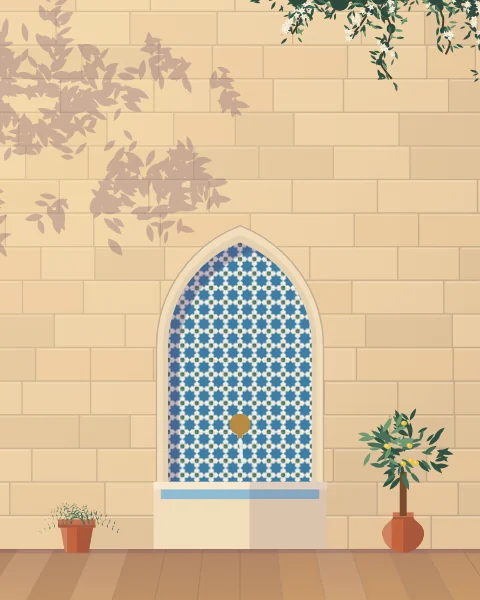 A wall fountain with a tiled pointed panel, a brass spout and a stone basin, flanked by potted plants in a sandstone courtyard.
