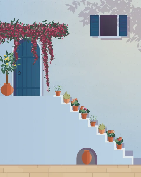 An outside stair against a pale blue limewashed wall, white-edged steps lined with terracotta pots, climbing to an indigo door.