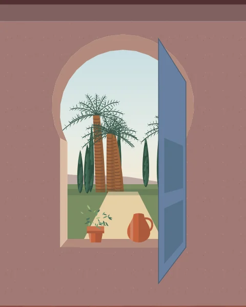 Early light through a deep window onto a tiled sill and floor, with a jug of water on the sill and a garden of palms outside.