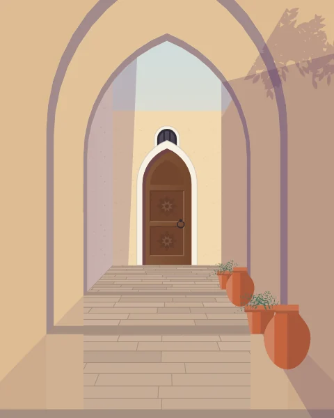 A passage running under a series of arches, alternating bars of sun and shade on the flagstones and a bright doorway at the far end.