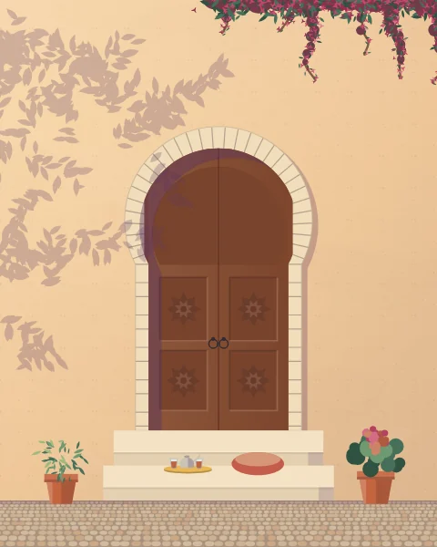 A brass tray of tea glasses and a pot set on the warm step of a carved doorway, with a cushion beside it and pots of basil.