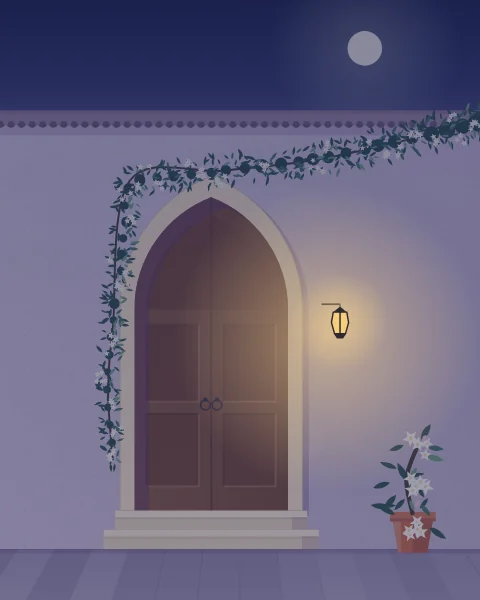 A doorway at night under a high moon, a wall lantern lit beside the arch and jasmine pale against the dark wall.