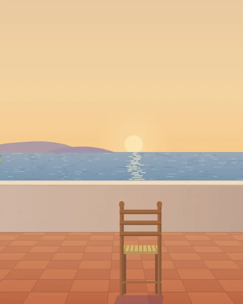 An empty terrace at sundown with a single chair, its long shadow reaching back across the tiles, and the sun touching the sea.