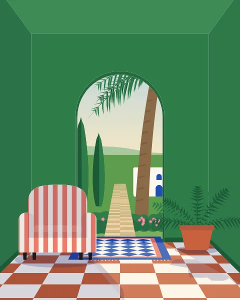 A green room with a tall arch open to a garden of palms and cypresses, a striped armchair in the morning light.