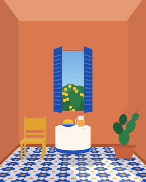 A terracotta room at midday, cobalt shutters folded open on a lemon tree, a laid table in the sun.
