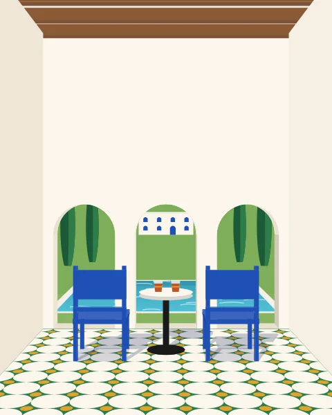 A white loggia of arches at noon, two cobalt chairs turned towards a long pool and its cypresses.