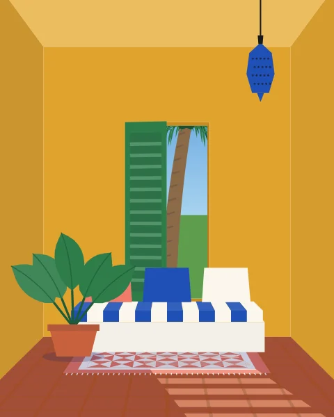 A shuttered ochre room at the height of the day, bars of light falling across a daybed.