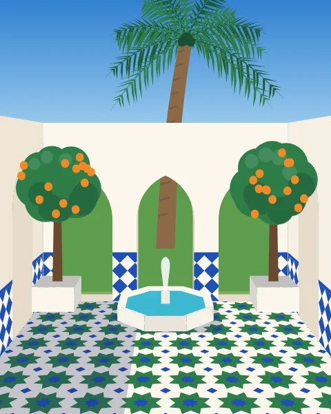 A white courtyard with an octagonal fountain, orange trees in tiled planters and pointed arcades.