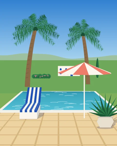 A long turquoise pool at midday with a striped lounger, a coral parasol, palms and a white house beyond.