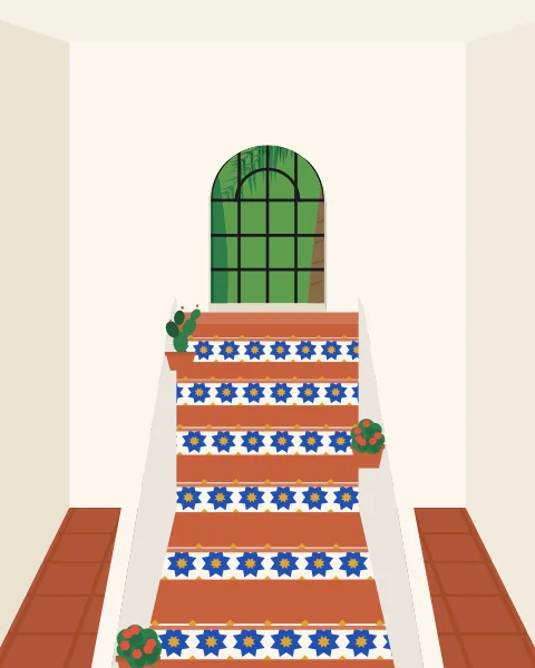 A white stair with tiled risers climbing towards an arched window and a cypress.