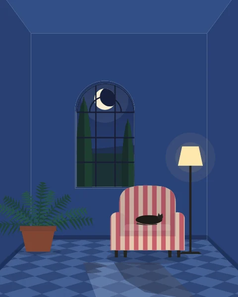 A blue room at night, the moon above cypresses in the window and a cat asleep in the armchair by a lamp.
