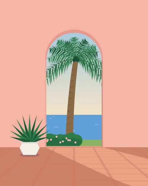 A single arch in a blush-pink wall, a palm and the sea beyond it, and a long patch of morning sun on the floor.