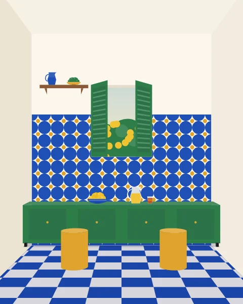 A white kitchen with a tiled wall, green shutters open on a lemon tree and a bowl of lemons on the counter.