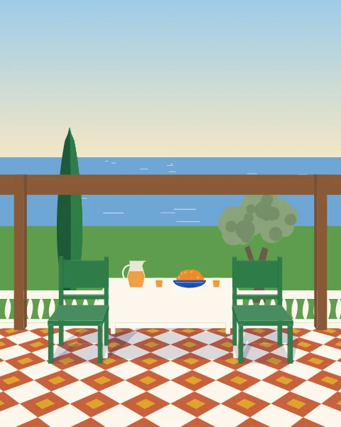 A terrace above the sea in the morning, a table laid with orange juice and fruit under a timber pergola.