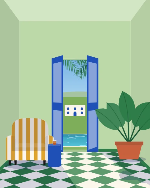 A pale green room with cobalt glass doors folded open on a pool, palms and a white house.
