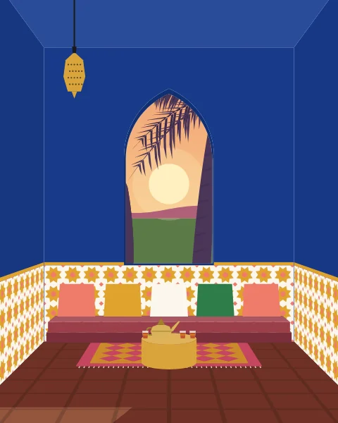 A cobalt room at dusk with tiled walls, low cushions and a tray of tea glasses beneath a pointed arch.