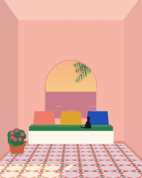 A blush-pink room at dusk with a cushioned seat under an arched window, a palm and the sea beyond, a cat keeping watch.