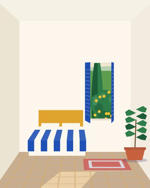 A white bedroom just after sunrise, cobalt shutters open on a cypress and a striped blanket on the bed.