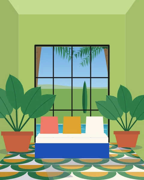 A lime-green room with a wall of black-framed glass doors onto a pool, flanked by banana plants.
