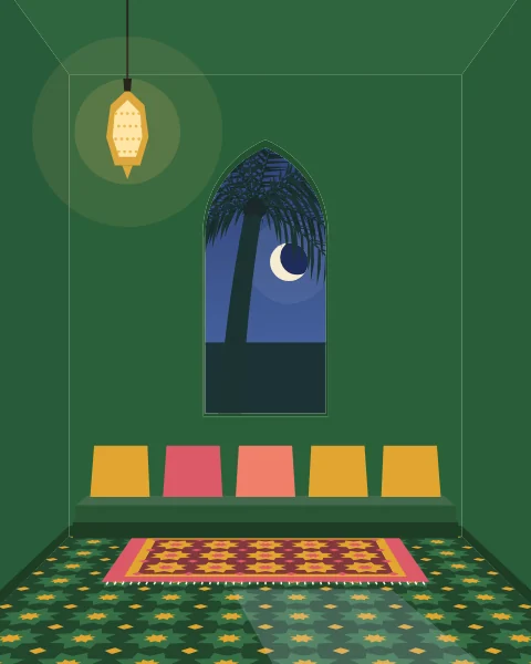 A deep green room at night, lit by a pierced brass lantern, a crescent moon behind a palm in the arch.
