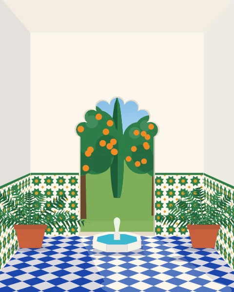 A white hall with a low fountain set in a blue tiled floor, a lobed arch opening on orange trees.