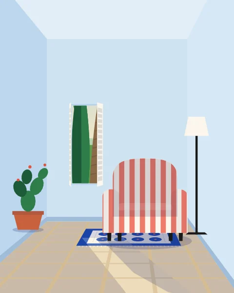 A quiet corner of a pale blue room, a striped armchair and a lamp, sunlight coming in from a narrow shuttered window.