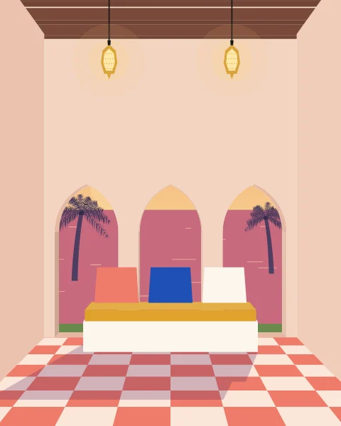A loggia of pointed arches at dusk, lanterns lit, the sea turning pink beyond the palms.